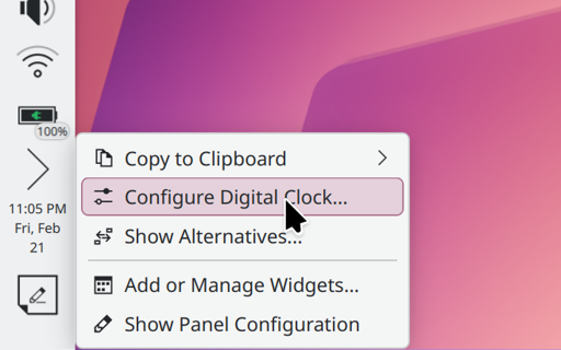 A screenshot of Plasma's Digital Clock contextual menu